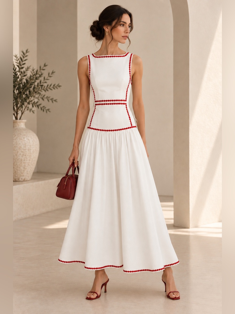 Commense White Cotton Contrast Trim Back Tie Maxi Dress M | Romantic